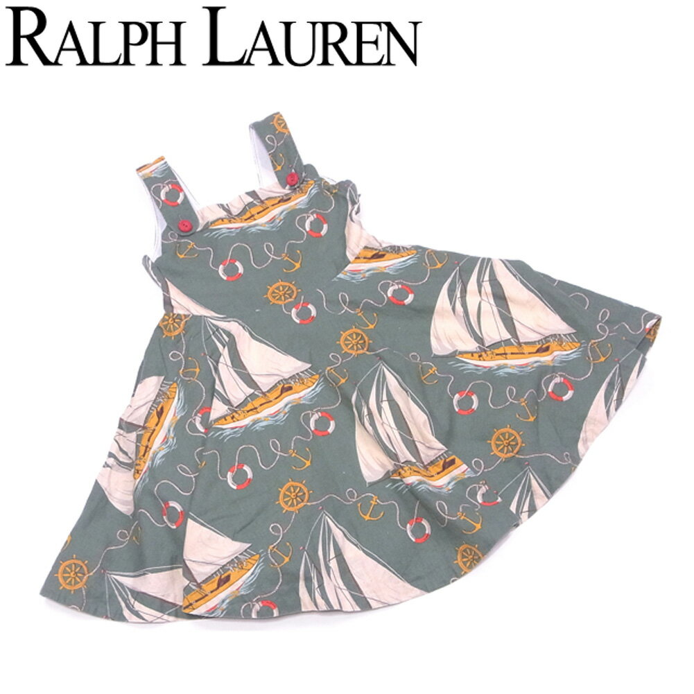 【スプリングセール30％OFF】ラルフローレン Ralph Lauren ワンピース ノースリ フレアー ガールズ レディース ♯キッズ6サイズ グリーン ベージュ系 麻 リネン 綿 コットン 【ラルフローレン】 F1476 【中古】