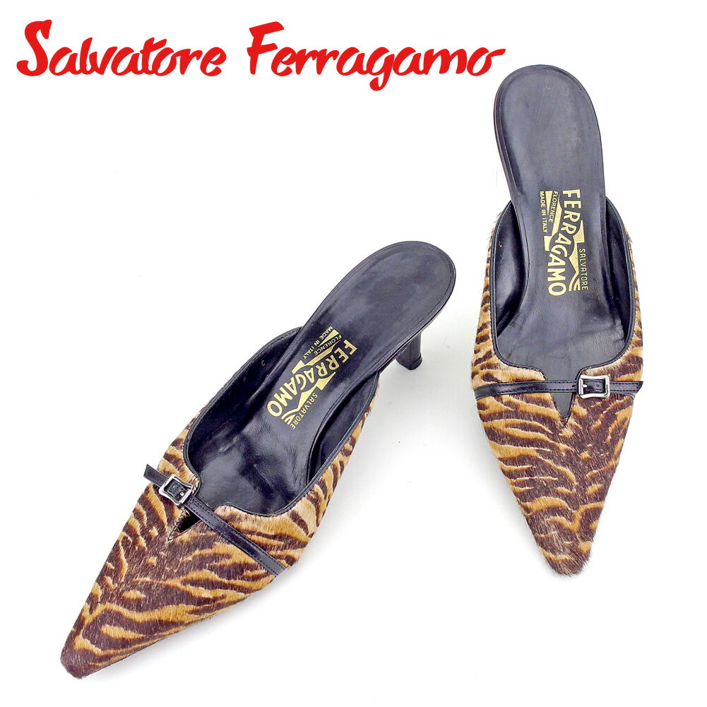 【スプリングセール30％OFF】サルヴァトーレ フェラガモ ミュール シューズ 靴 #6 タイガ― ブラウン レザー×ハラコ Salvatore Ferragamo 【フェラガモ】 l2757s 【中古】