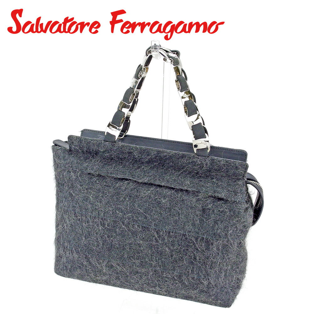 【スプリングセール30％OFF】サルヴァトーレ フェラガモ ハンドバッグ バック ヴァラ金具 グレー 灰色 キャンバス Salvatore Ferragamo 【フェラガモ】 t9544s 【中古】