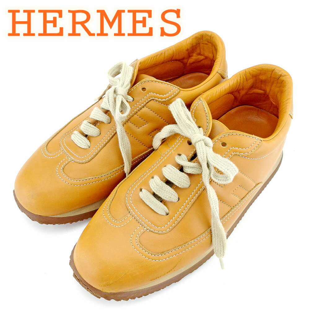 【スプリングセール30％OFF】エルメス スニーカー シューズ 靴 #37 ライトブラウン キャンバス×レザー HERMES 【エルメス】 t9572s 【中古】