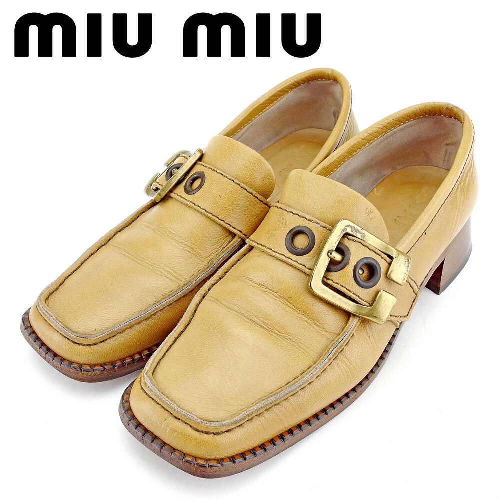 【スプリングセール30％OFF】ミュウミュウ miu miu ローファー シューズ 靴 レディース ♯37ハーフ スクエアトゥ ベージュ ブラウン ゴールド レザー 【ミュウミュウ】 B1074 【中古】