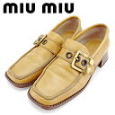 【春の大感謝祭 30％OFF】ミュウミュウ miu miu ローファー シューズ 靴 レディース ♯37ハーフ スクエアトゥ ベージュ ブラウン ゴールド レザー 【ミュウミュウ】 B1074 【中古】