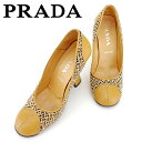 【春の大感謝祭 30％OFF】プラダ PRADA パンプス シューズ 靴 レディース ♯37 ラウンドトゥ ベージュ ブラウン ツィードキャンバス×レザー 【プラダ】 B1078 【中古】