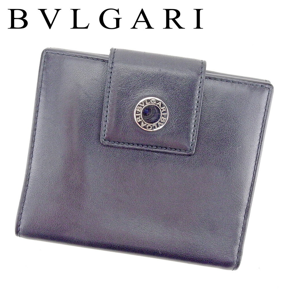 【スプリングセール30％OFF】ブルガリ Wホック 財布 二つ折り ロゴボタン ブラック シルバー レザー BVLGARI ホックサイフ ホック財布 財布 サイフブランド財布 ユニセックス 小物 【ブルガリ】 T9493 【中古】