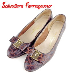 【春の大感謝祭 30％OFF】サルヴァトーレ フェラガモ Salvatore Ferragamo パンプス シューズ 靴 レディース ♯5ハーフC クロコ調 ブラウン ゴールド 型押しレザー T9516 ブランド 【中古】