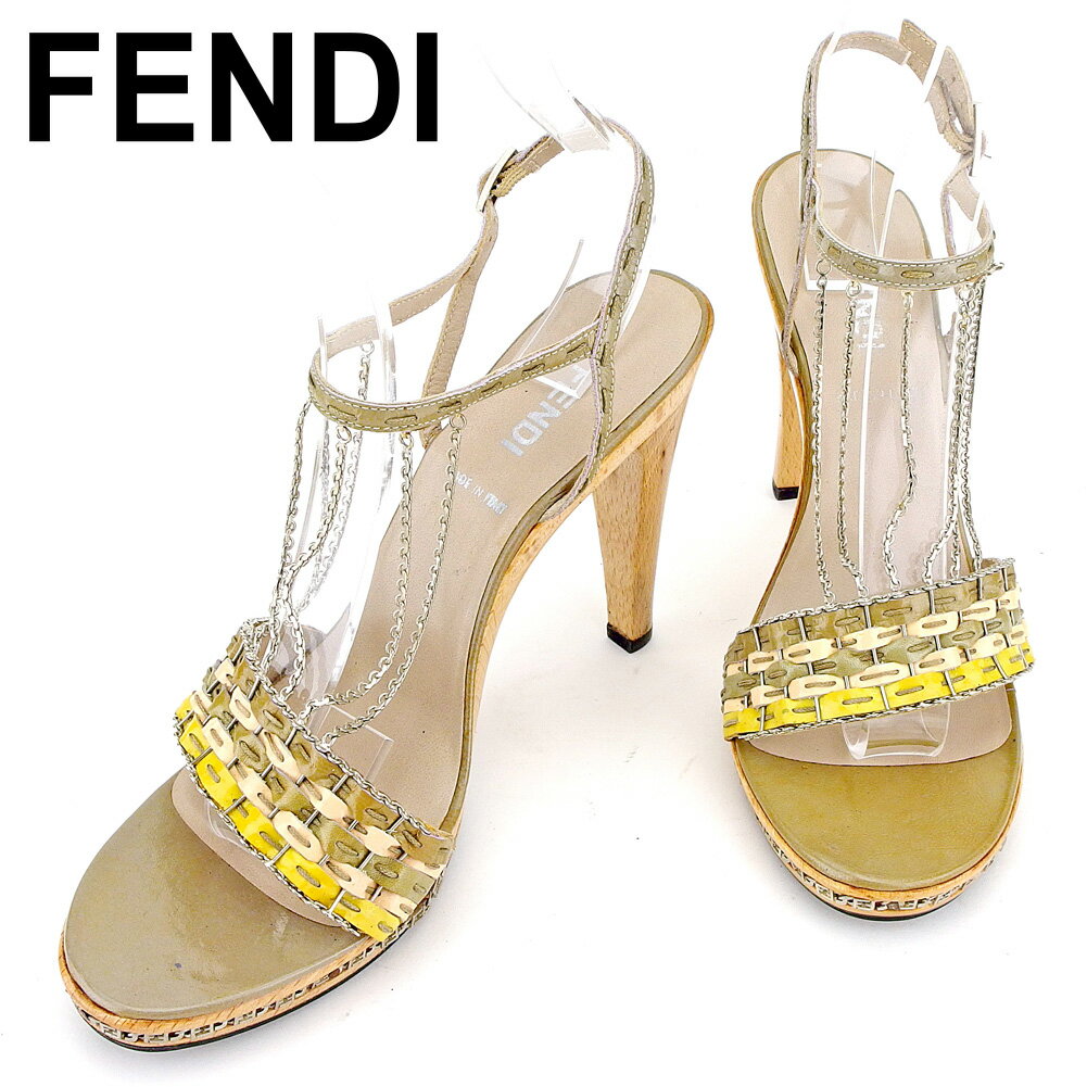 【スプリングセール30％OFF】フェンディ FENDI サンダル シューズ 靴 レディース ♯37ハーフ アンクルストラップ ベージュ グリーン イエロー系 レザー 【フェンディ】 T9530 【中古】