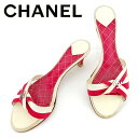 【冬のTHEセール 30%OFF】シャネル CHANEL ミュール シューズ 靴 レディース ♯37ハーフC サンダル ベージュ レッド シルバー キャンバス×レザー 【シャネル】 T9535 【中古】