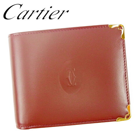 【中古】 カルティエ Cartier 二つ折り 札入れ 二つ折り 財布 レディース メンズ ボルドー レザー L2735