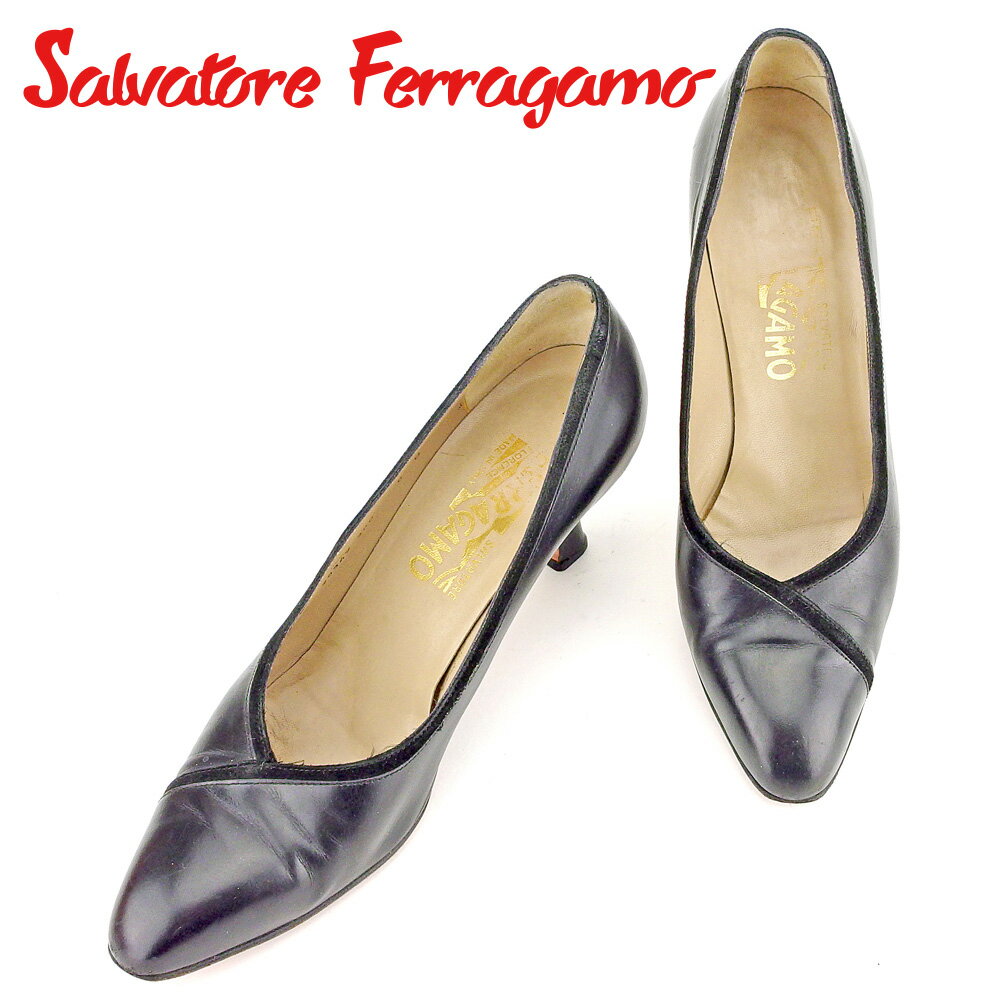 【スプリングセール30％OFF】サルヴァトーレ フェラガモ Salvatore Ferragamo パンプス シューズ 靴 レディース ♯6B スエードパイピング ブラック レザー×スエード 【フェラガモ】 P858 【中古】