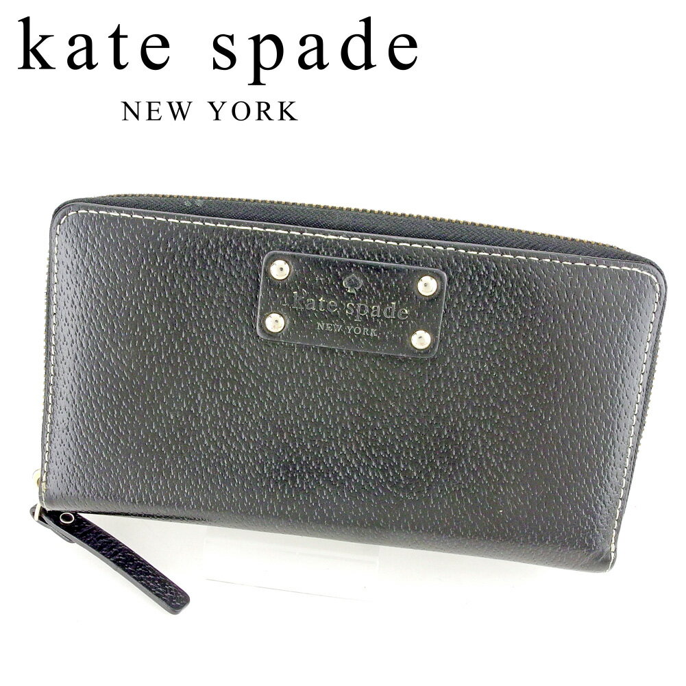 【スプリングセール30％OFF】ケイト スペード 長財布 ラウンドファスナー 財布 ロゴ ブラック ゴールド ベージュ系 レザー kate spade 【ケイト・スペード】 p916s 【中古】