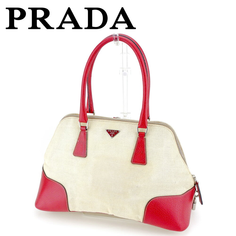 【スプリングセール30％OFF】プラダ ハンドバッグ バック ミニボストンバッグ バック ベージュ レッド キャンバス×レザー PRADA 【プラダ】 t6656s 【中古】