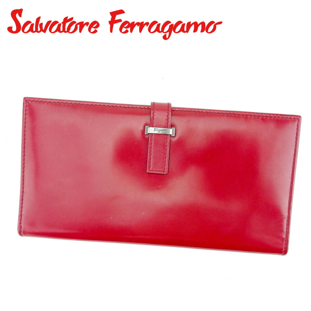 【スプリングセール30％OFF】サルヴァトーレ フェラガモ Salvatore Ferragamo 長札入れ 札入れ レディース メンズ レッド シルバー レザー 【フェラガモ】 T9366 【中古】