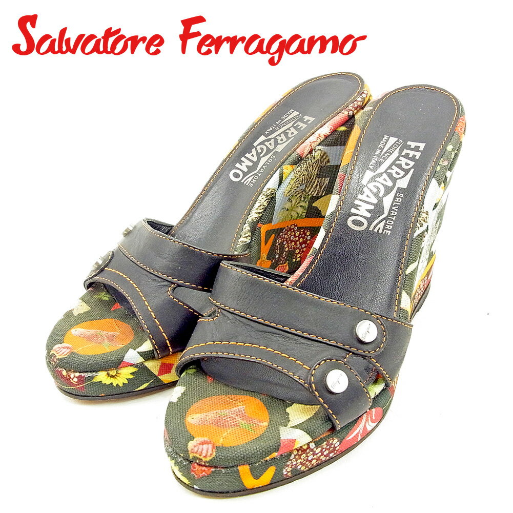 【スプリングセール30％OFF】サルヴァトーレ フェラガモ サンダル ウェッジソール ブラック キャンバス×レザー Salvatore Ferragamo 【フェラガモ】 t9477s 【中古】