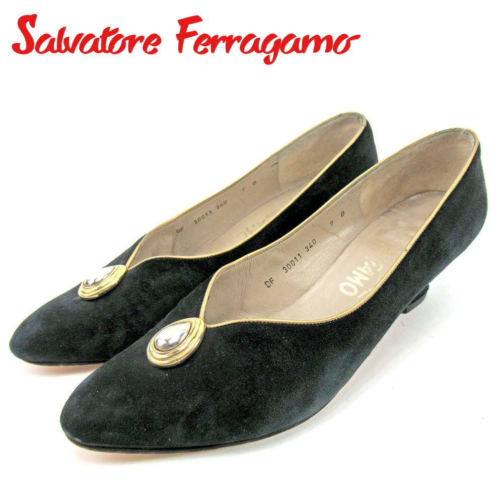 【スプリングセール30％OFF】サルヴァトーレ フェラガモ パンプス シューズ 靴 #7 ブラック スエード Salvatore Ferragamo 【フェラガモ】 e1444s 【中古】 1