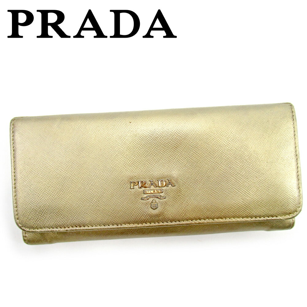 【スプリングセール30％OFF】プラダ 長財布 ファスナー付き 長財布 ゴールド レザー PRADA 長サイフ サイフ 収納 ユニセックス 小物 【プラダ】 E1468 【中古】