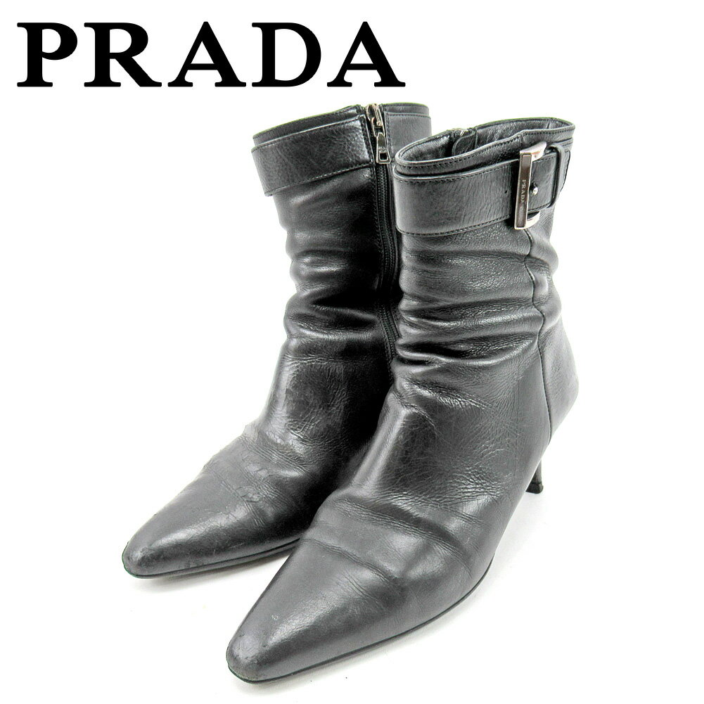 【スプリングセール30％OFF】プラダ ブーツ ショートブーツ 靴 ♯36 ブラック レザー PRADA 【プラダ】 e1477s 【中古】