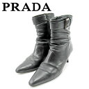 【春の大感謝祭 30％OFF】プラダ PRADA ブーツ ショートブーツ 靴 レディース ♯36 ブラック レザー 【プラダ】 E1477 【中古】