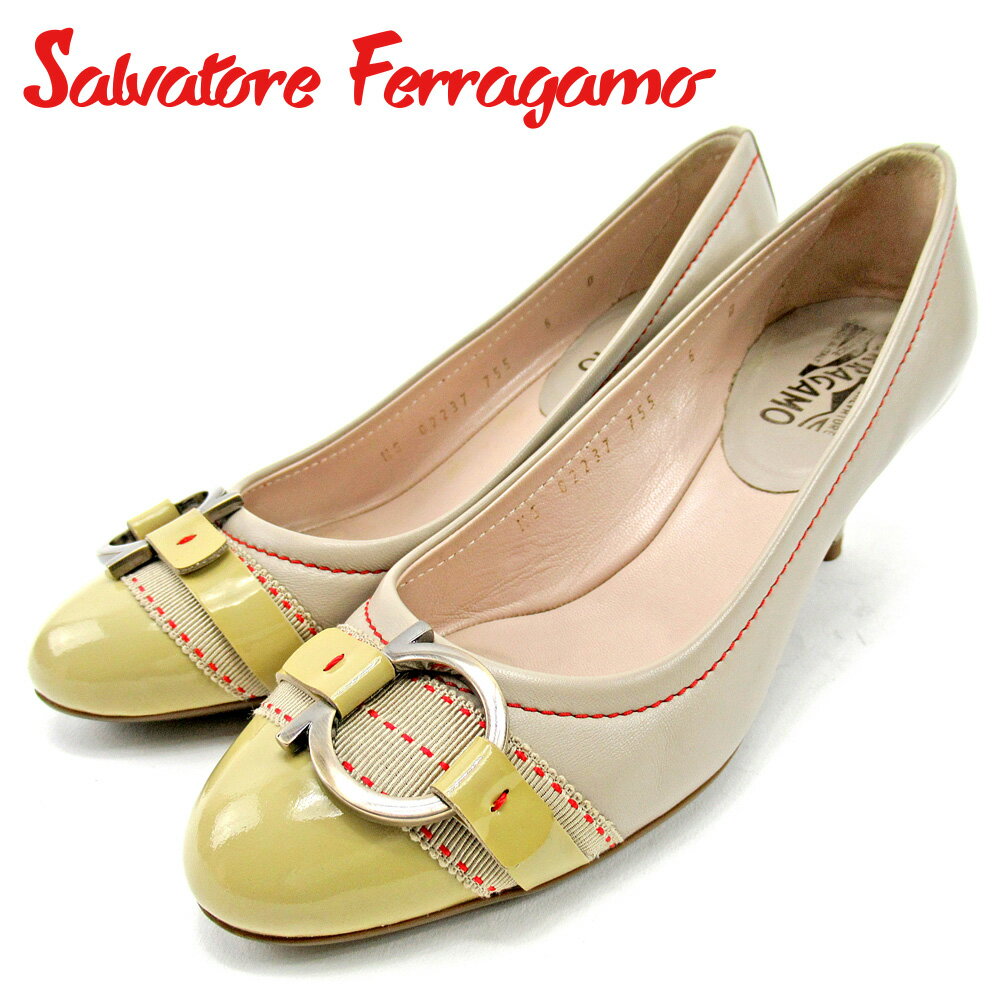 【スプリングセール30％OFF】サルヴァトーレ フェラガモ Salvatore Ferragamo パンプス シューズ 靴 レディース ♯6 ベージュ レザー×エナメル 【フェラガモ】 E1502 【中古】