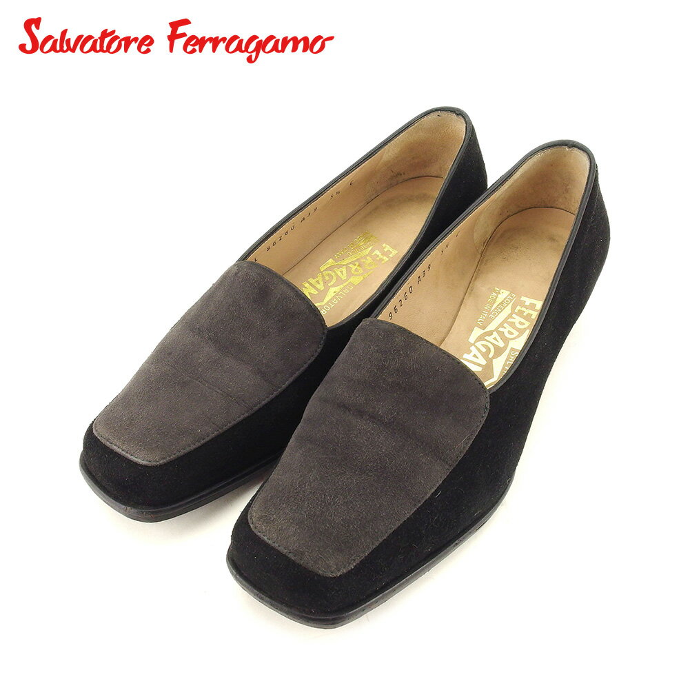 【スプリングセール30％OFF】サルヴァトーレ フェラガモ Salvatore Ferragamo パンプス シューズ 靴 レディース ♯5ハーフC スクエアトゥ ブラック グレー 灰色 スエード 【フェラガモ】 G1448 【中古】