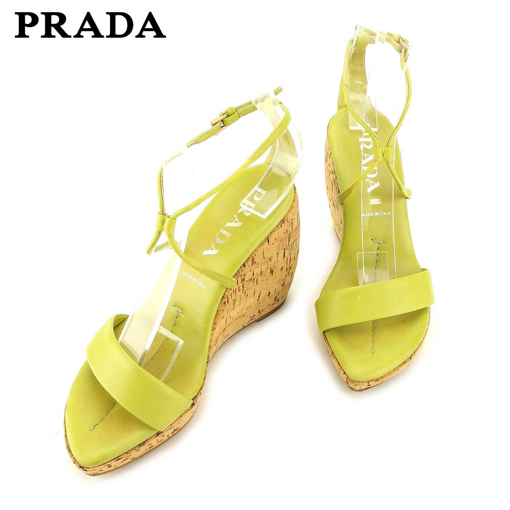 【スプリングセール30％OFF】プラダ PRADA サンダル シューズ 靴 レディース ♯34ハーフ アンクルストラップ グリーン ベージュ ゴールド レザー 【プラダ】 G1451 【中古】