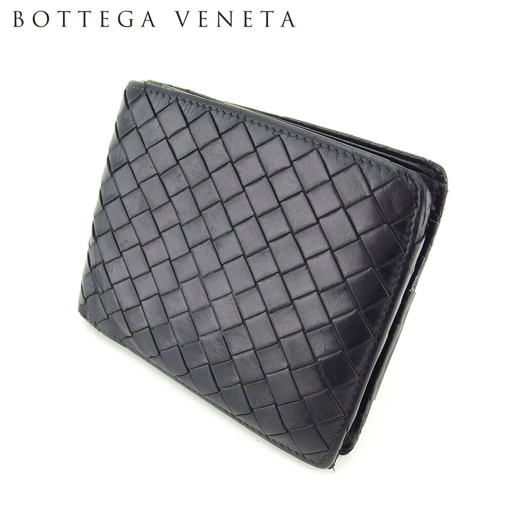 【スプリングセール30％OFF】ボッテガ ヴェネタ 二つ折り 札入れ イントレチャート ブラック レザー BOTTEGA VENETA 【ボッテガ・ヴェネタ】 t12042s 【中古】