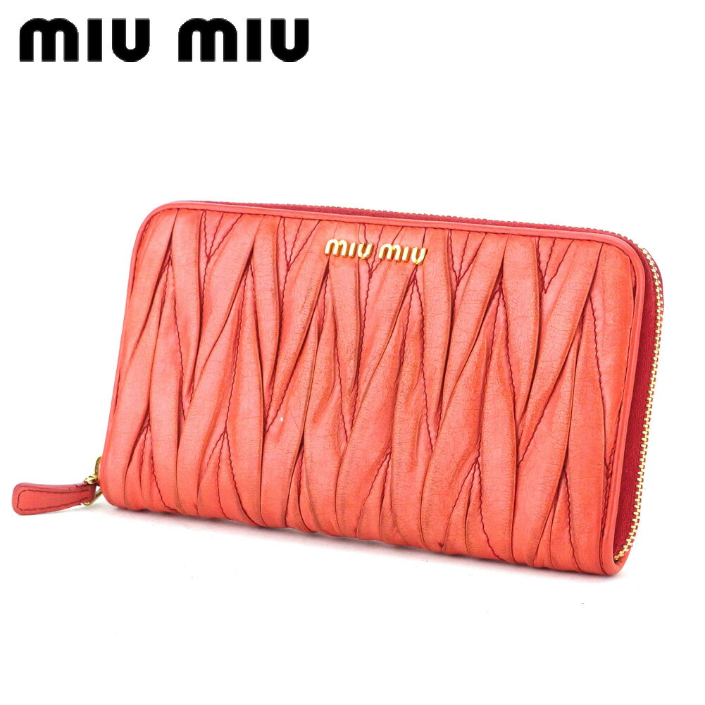 【スプリングセール30％OFF】ミュウミュウ 長財布 ラウンドファスナー 財布 マテラッセ ピンク ゴールド レザー miu miu 長サイフ サイフ 収納 ユニセックス 小物 【ミュウミュウ】 T13322 【中古】