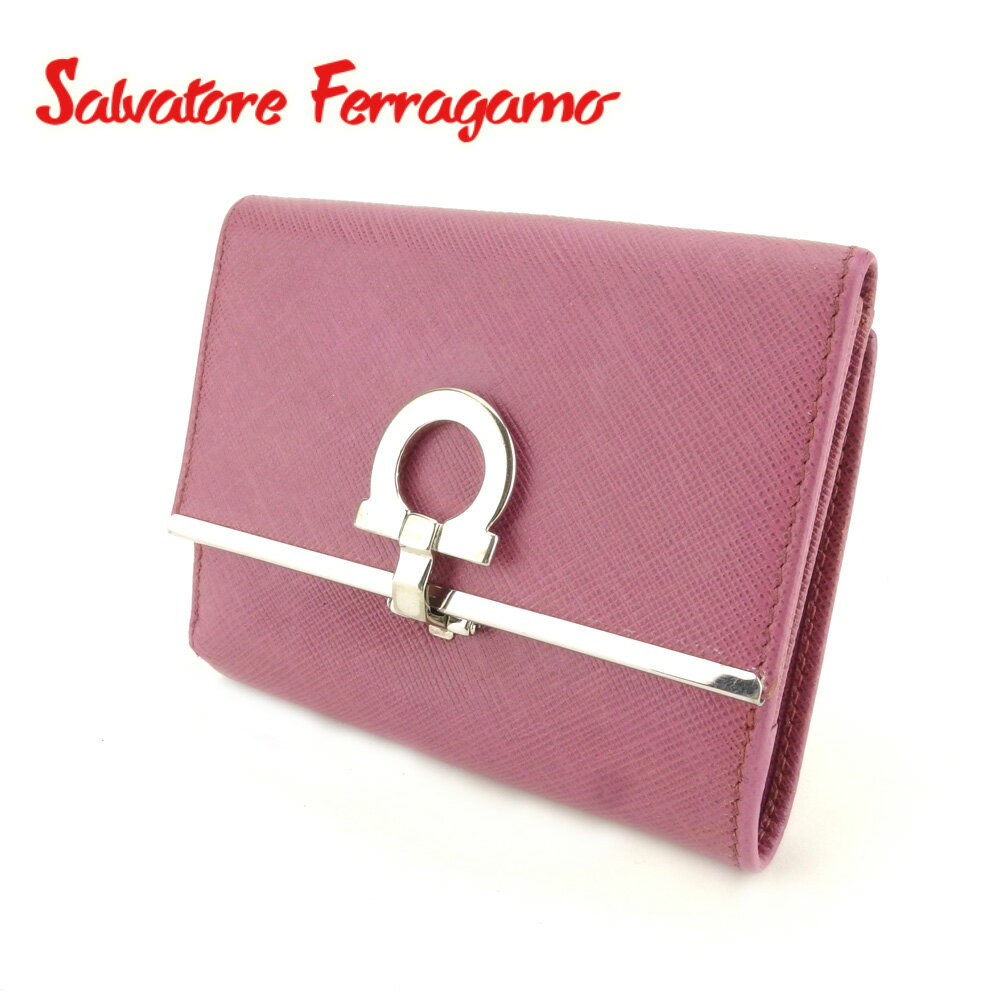 【冬のTHEセール 30%OFF】サルヴァトーレ フェラガモ 二つ折り 財布 Wホック ガンチーニ パープル シルバー レザー Salvatore Ferragamo 二つ折りサイフ 財布 サイフ 収納ブランド財布 ユニセックス 小物 人気 男性 女性 【フェラガモ】 T8875 【中古】