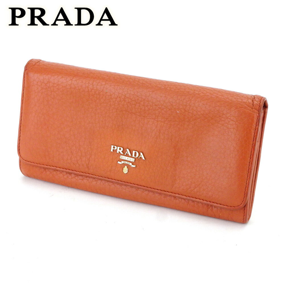 【スプリングセール30％OFF】プラダ 長財布 ファスナー付き 財布 ロゴ オレンジ ゴールド レザー PRADA 長サイフ サイフ 収納ブランド財布 ユニセックス 小物 【プラダ】 T9797 【中古】