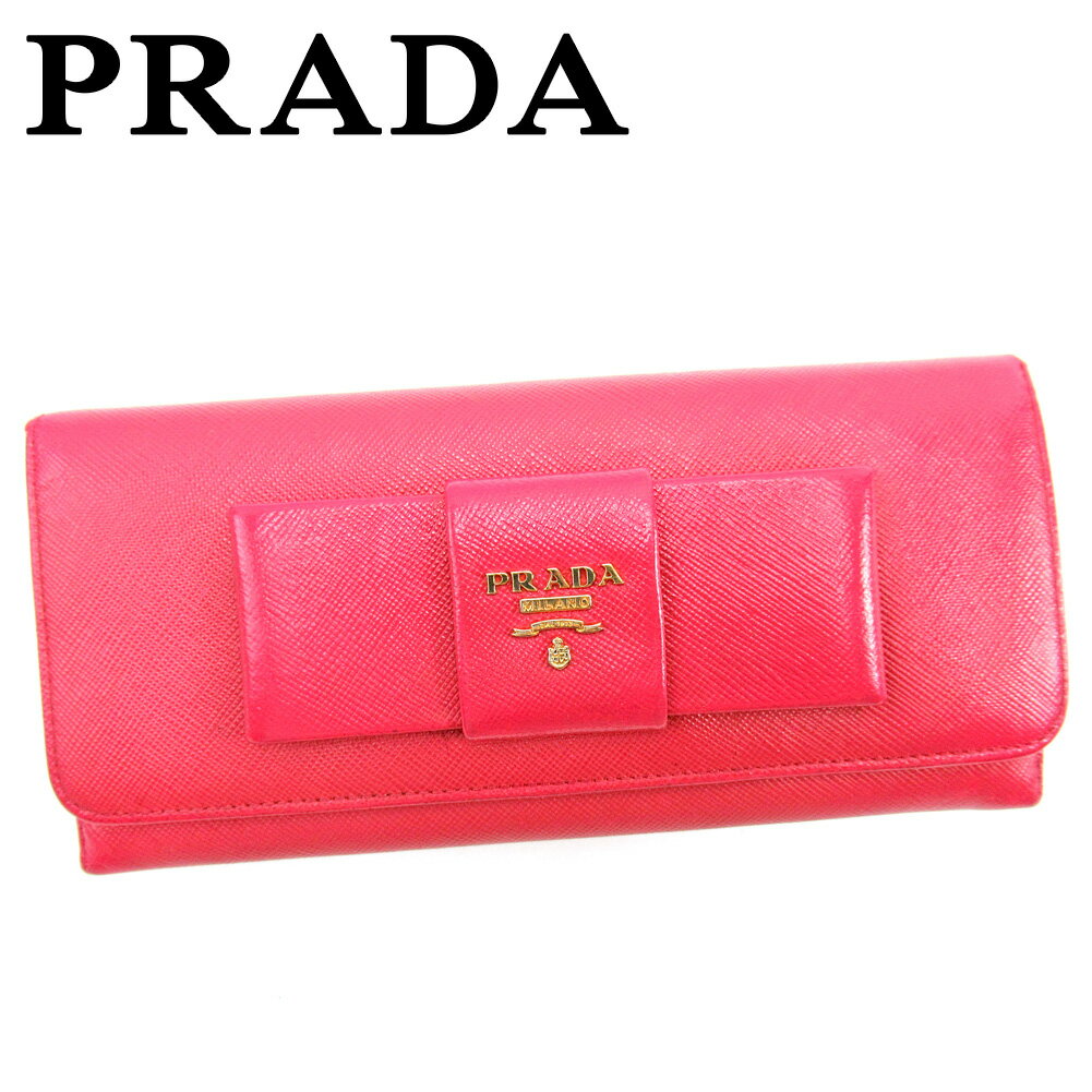 【スプリングセール30％OFF】プラダ 長財布 ファスナー付き 長財布 リボンモチーフ ピンク レザー PRADA 長サイフ サイフ 収納ブランド財布 ユニセックス 小物 【プラダ】 T9831 【中古】