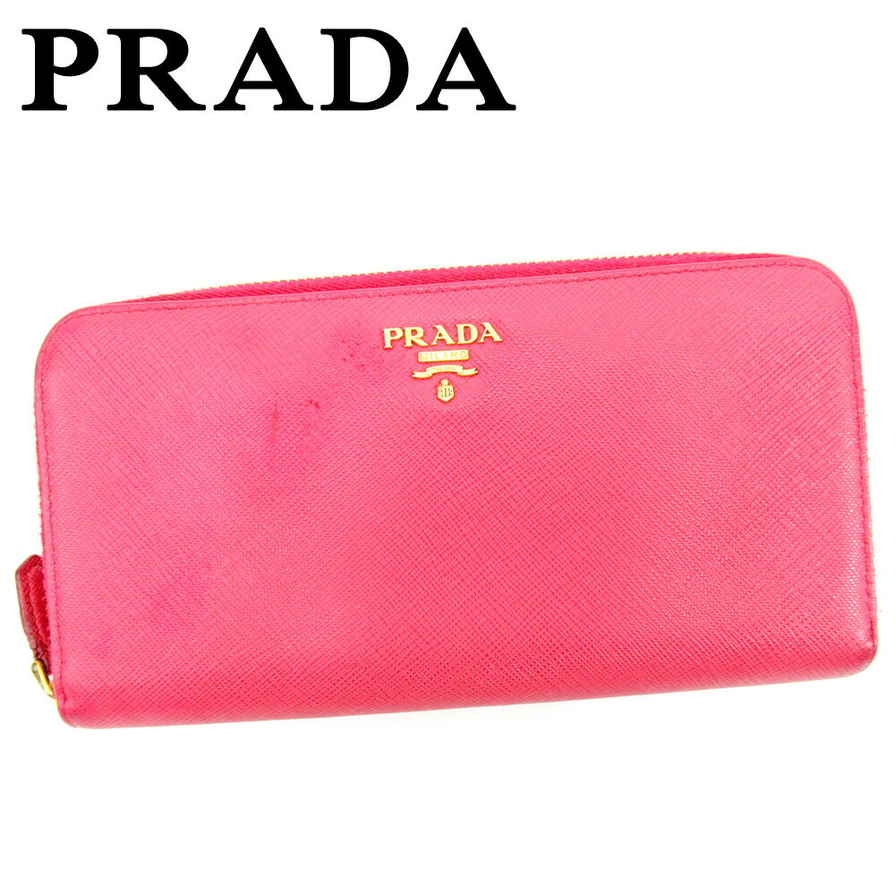 【スプリングセール30％OFF】プラダ 長財布 ラウンドファスナー ピンク レザー PRADA 【プラダ】 t9840s 【中古】