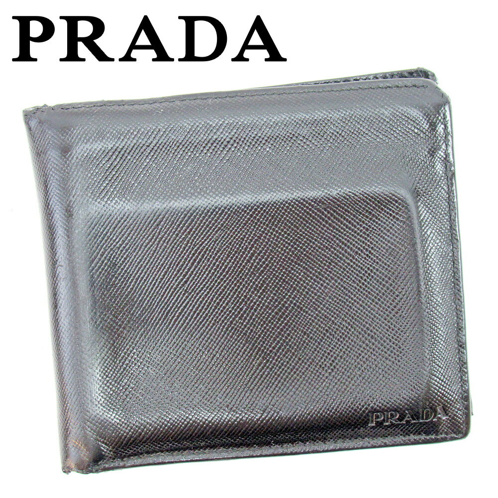 【スプリングセール30％OFF】プラダ 二つ折り 財布 ロゴ ブラック レザー PRADA 【プラダ】 t9856s 【中古】