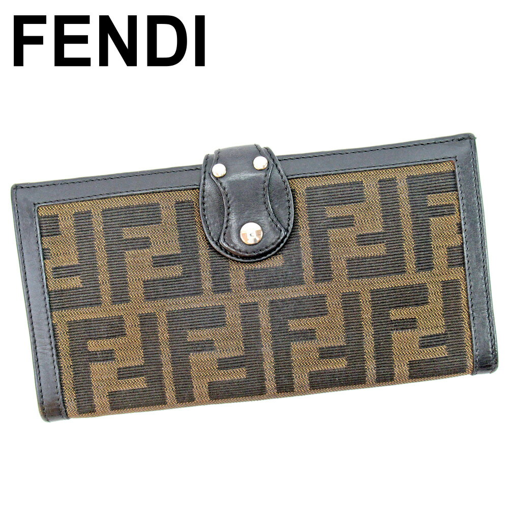 【スプリングセール30％OFF】フェンディ 長財布 Wホック ズッカ ブラック ベージュ キャンバス×レザー FENDI 長サイフ サイフ 収納ブランド財布 ユニセックス 小物 【フェンディ】 T9859 【中古】