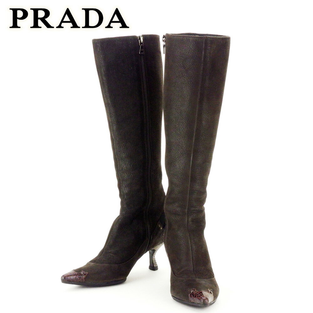 【スプリングセール30％OFF】プラダ PRADA ブーツ シューズ 靴 レディース ♯34ハーフ リボン ブラウン ブラック系 レザー 【プラダ】 I553 【中古】