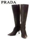 【春の大感謝祭 30％OFF】プラダ PRADA ブーツ シューズ 靴 レディース ♯34ハーフ リボン ブラウン ブラック系 レザー 【プラダ】 I553 【中古】