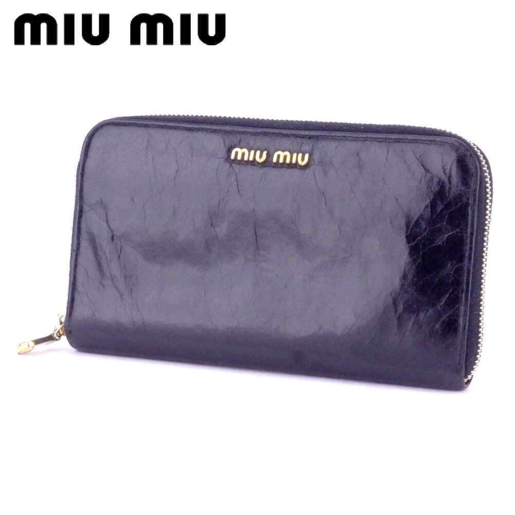 【スプリングセール30％OFF】ミュウミュウ 長財布 ラウンドファスナー 財布 ロゴ ブラック ゴールド ブルー レザー miu miu 【ミュウミュウ】 t10382s 【中古】