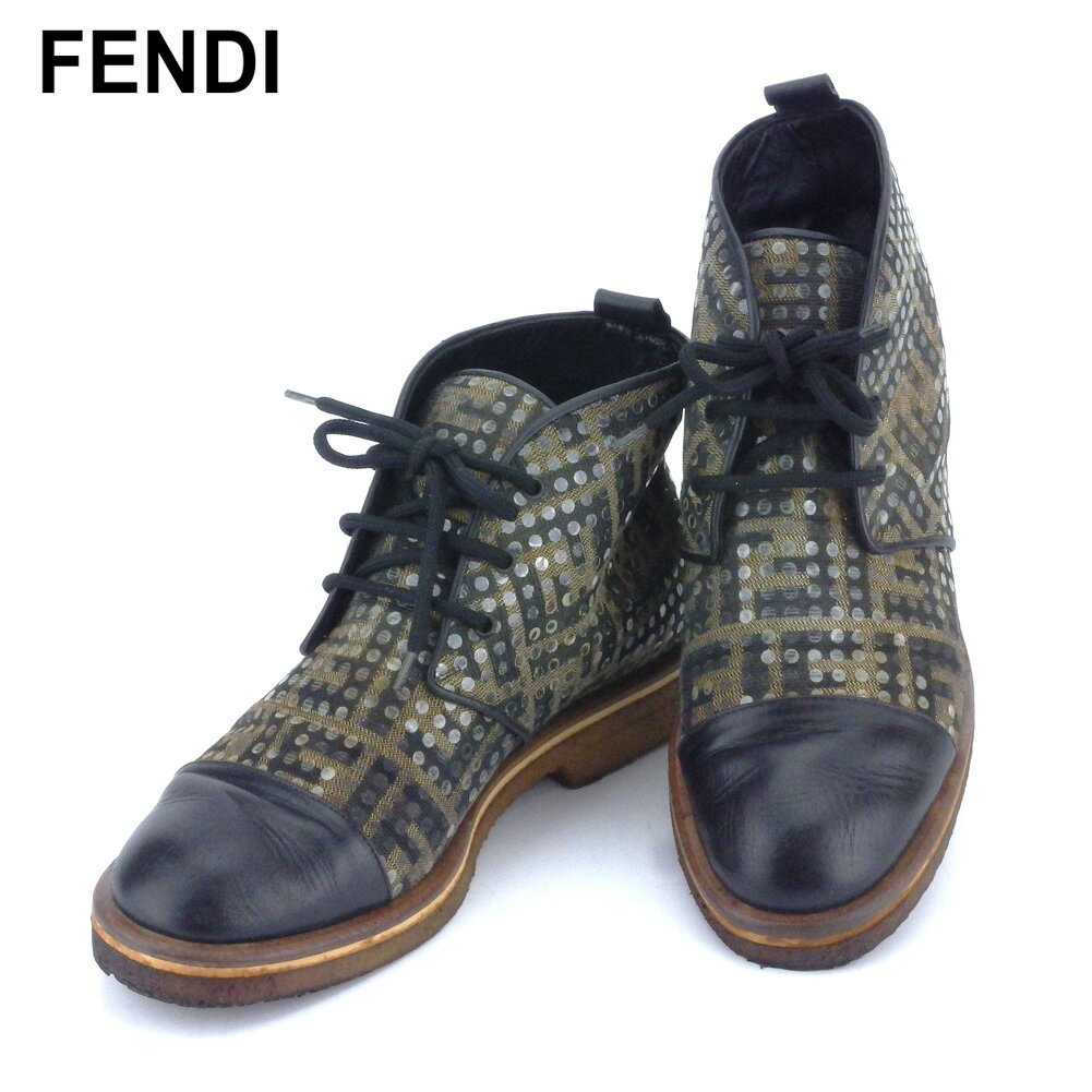 【楽天スーパーSALE】 【30％オフ】 【中古】 フェンディ FENDI ブーツ シューズ 靴 レディース メンズ チャッカブーツ ブラック ベージュ ブラウン キャンバス×レザー 【フェンディ】 T10422