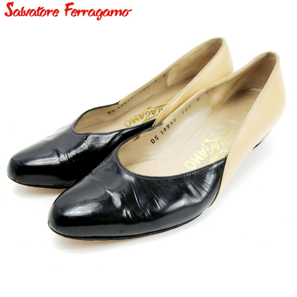 【スプリングセール30％OFF】サルヴァトーレ フェラガモ パンプス シューズ 靴 ♯5 バイカラー ベージュ ブラック レザー Salvatore Ferragamo 【フェラガモ】 c3662s 【中古】