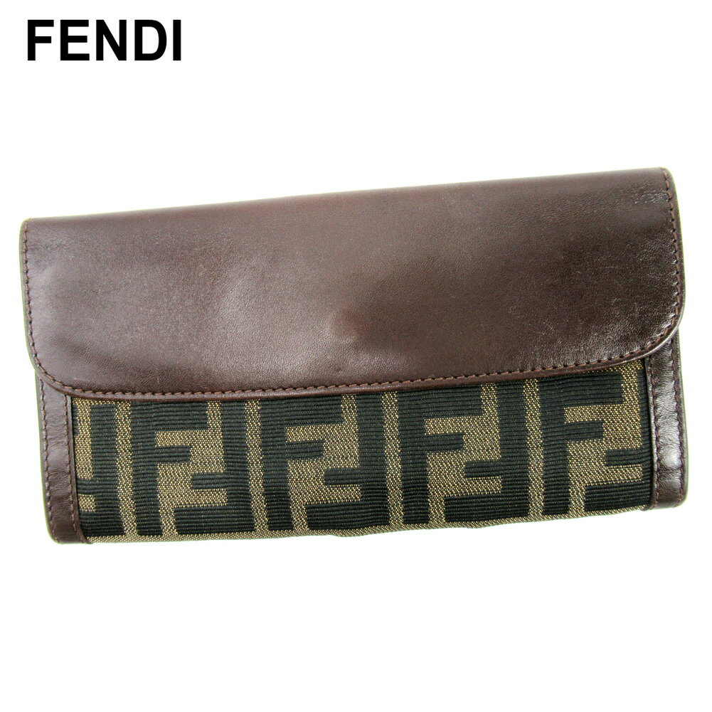 【スプリングセール30％OFF】フェンディ 長財布 Wホック ズッカ ブラウン ブラック ベージュ キャンバス×レザー FENDI 長サイフ サイフ 収納 ユニセックス 小物 【フェンディ】 T10275 【中古】