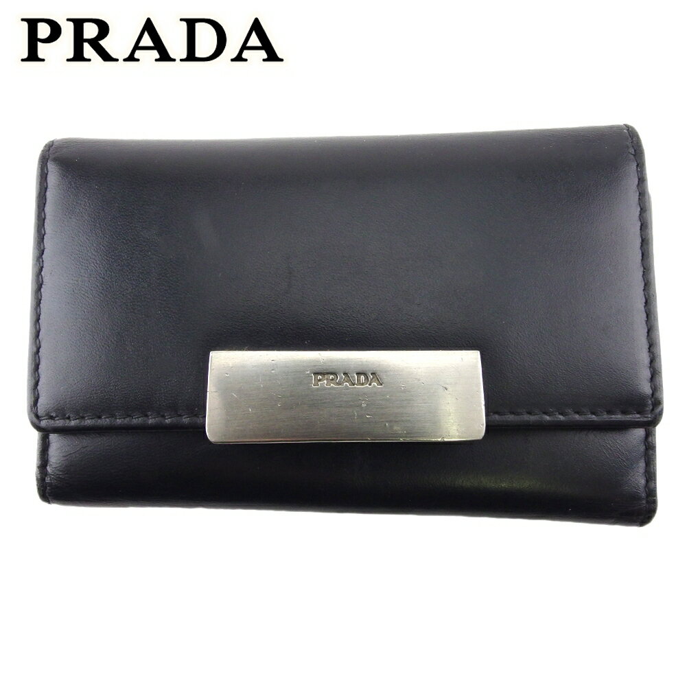 【スプリングセール30％OFF】プラダ キーケース 6連キーケース レディース メンズ ロゴプレート ブラック シルバー レザー PRADA l3750s 【中古】