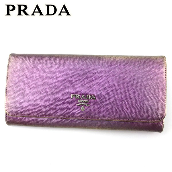 【スプリングセール30％OFF】プラダ 長財布 ファスナー付き 財布 レディース ロゴ パープル シルバー サフィアーノレザー PRADA 【プラダ】 D2277 【中古】