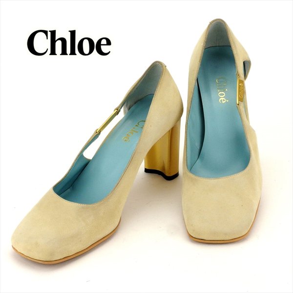 【スプリングセール30％OFF】クロエ Chloe パンプス シューズ 靴 レディース ♯36 スクエアトゥ ベージュ ゴールド スエード 【クロエ】 H684 【中古】