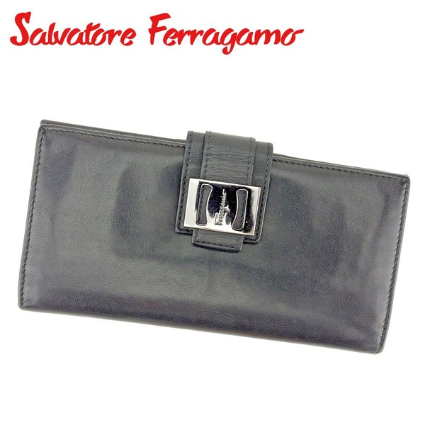 【スプリングセール】サルヴァトーレ フェラガモ 長財布 ファスナー付き 財布 ヴァラ ブラック シルバー レザー Salvatore Ferragamo 【フェラガモ】 t9356s 【中古】