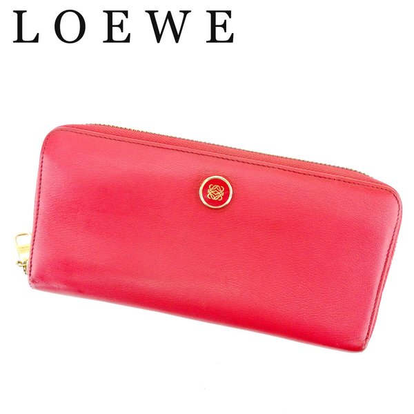 【中古】 ロエベ 長財布 ラウンドファスナー 財布 アナグラムボタン ピンク ゴールド レザー LOEWE 【ロエベ】 t9443s