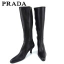【スプリングセール】プラダ ブーツ シューズ 靴 レディース ♯37 ロゴライン入り ロングブーツ ブラック レザー PRADA T19463 【中古】