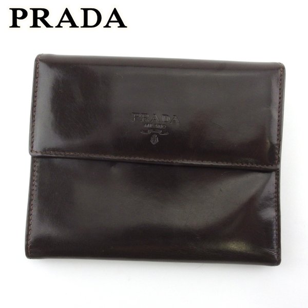 【スプリングセール30％OFF】【中古】 プラダ 三つ折り 財布 ファスナー付き レディース メンズ ロゴ ブラウン レザー PRADA T19845