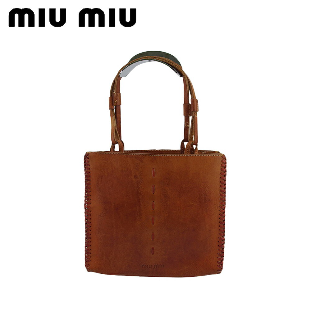 【中古】 ミュウミュウ トートバッグ トート ハンド バッグ レディース ロゴ入り レザーステッチ ベージュ レザー miu miu T22505