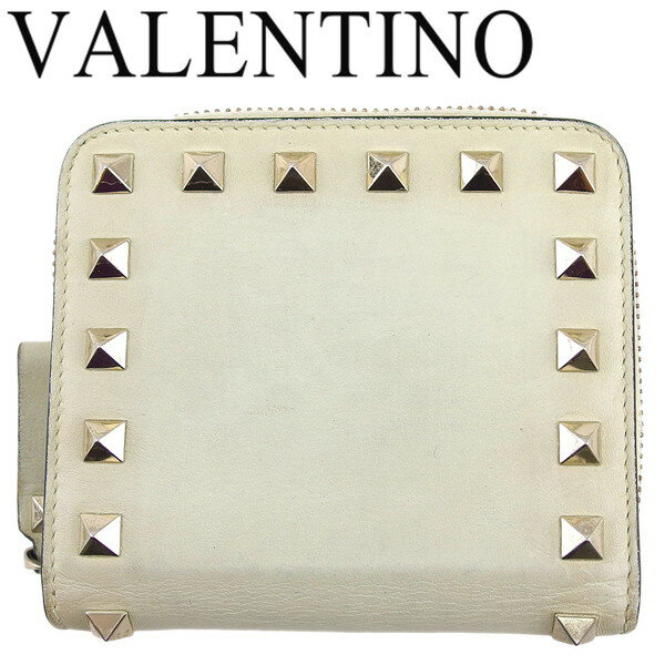 【ブラックフライデー30%OFFクーポン】ヴァレンティノ VALENTINO 長財布 ロックスタッズ アイボリー×ブラック×シルバー メンズ 中古 ブランド ハ...