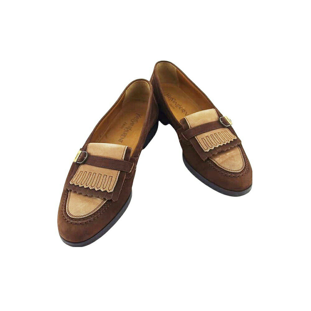 【ブラックフライデー30%OFFクーポン】サンローラン ローファー フリンジ ♯25 3E スリッポン ブラウン ベージュ ゴールド レディース 中古 SAIN...