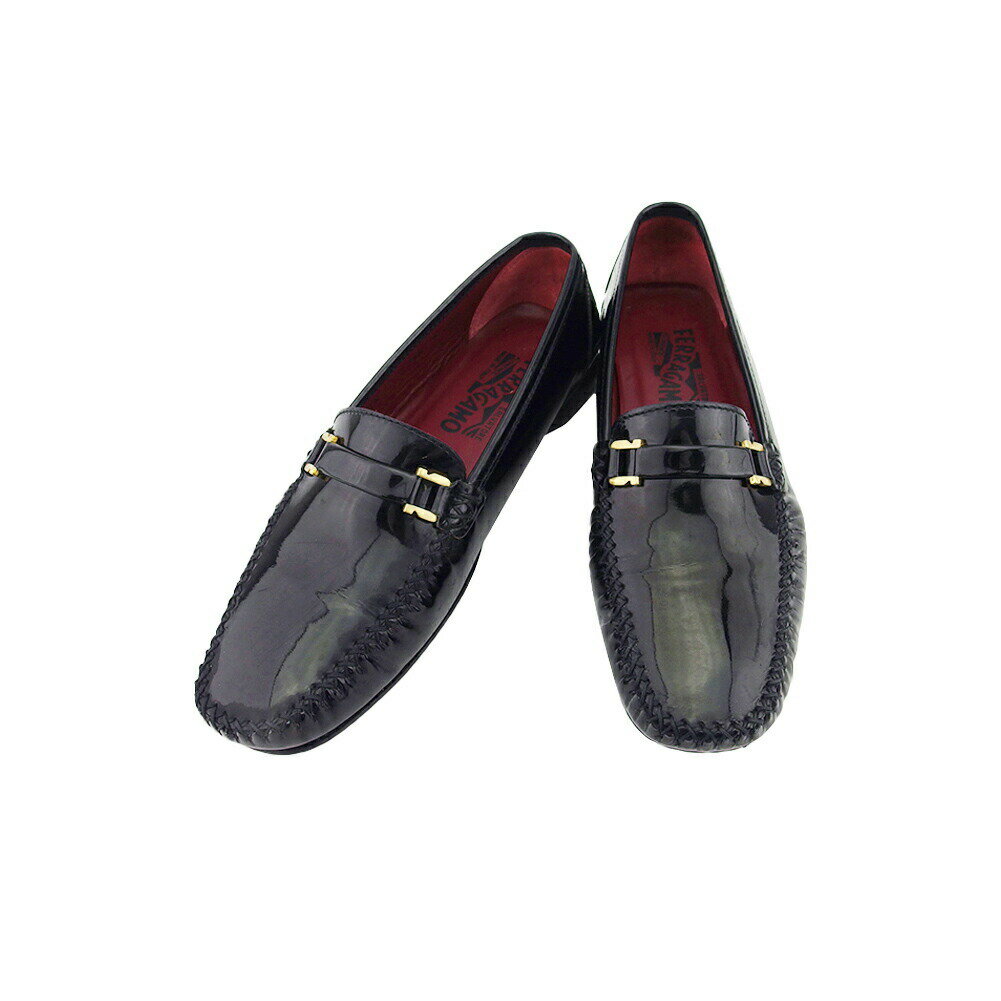 【ブラックフライデー30%OFFクーポン】サルヴァトーレフェラガモ ローファー ガンチーニ ♯5D スリッポン ブラック ゴールド レディース 中古 Salva...