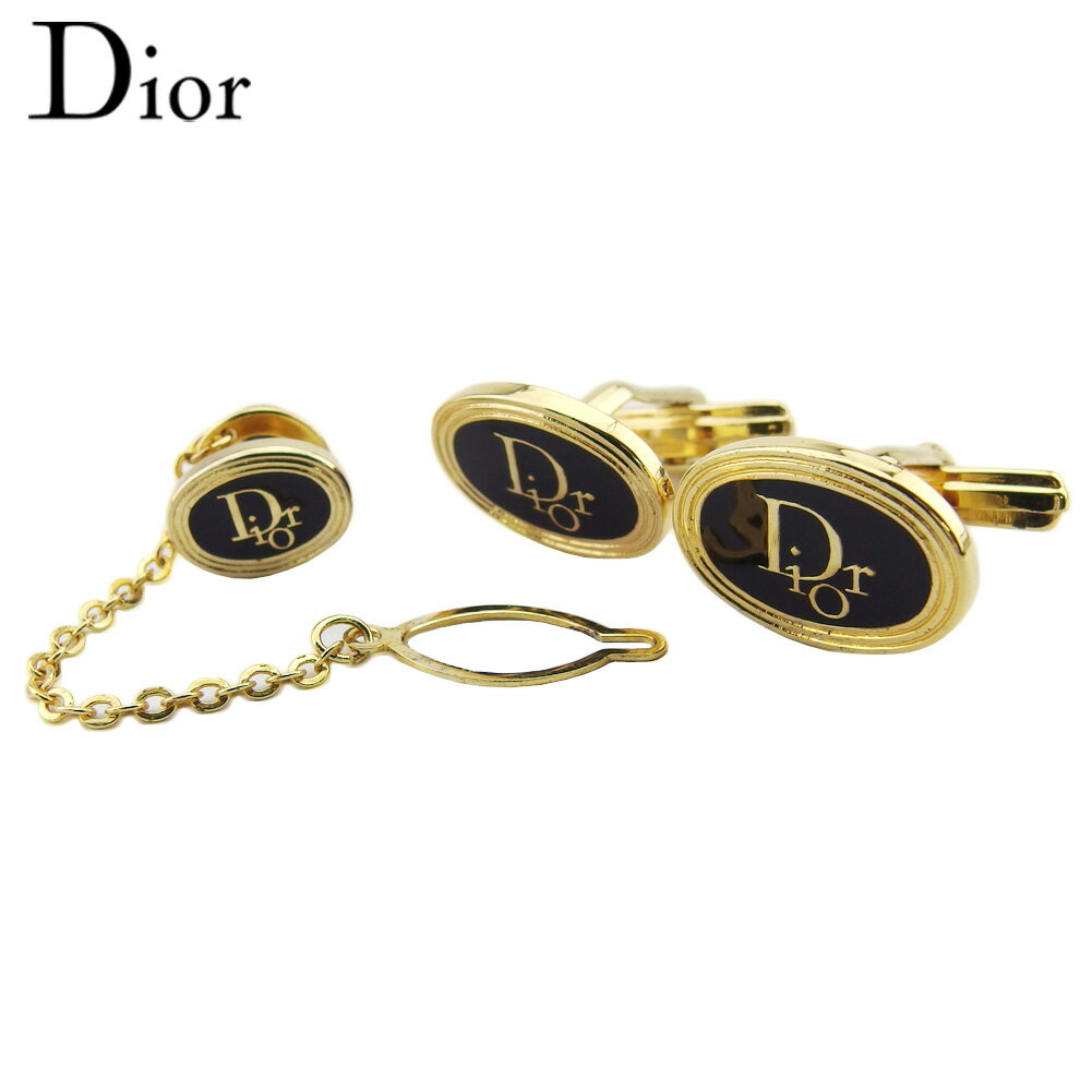 【楽天スーパーSALE★最大50%OFF】ディオール Dior カフス 2アイテムセット ロゴ スウィヴル式 タイタック ゴールド ブラック レディース 中古 ...
